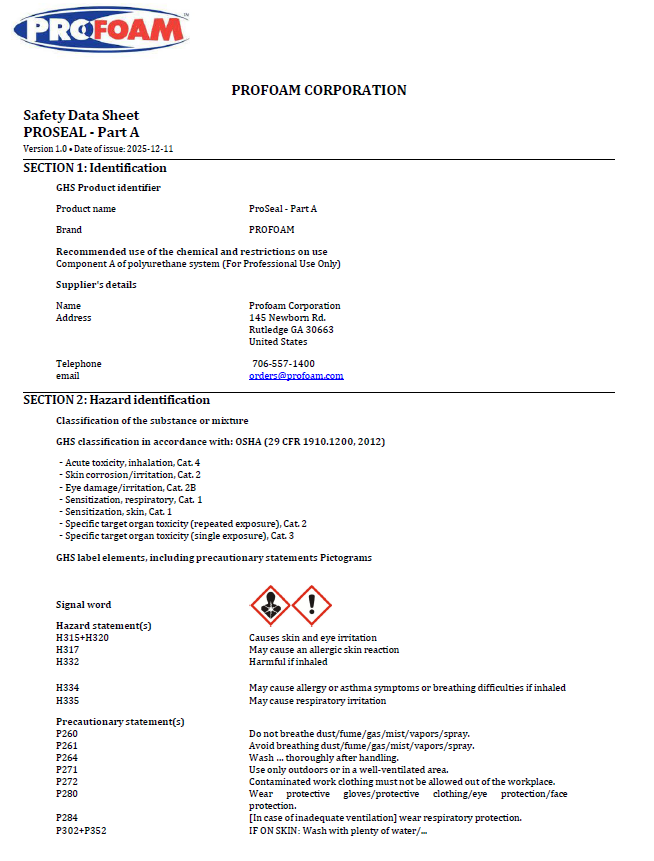 Profoam ProSeal A Side Safety Data Sheet (SDS)