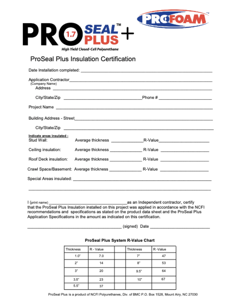 ProSeal Plus Insulation Certification