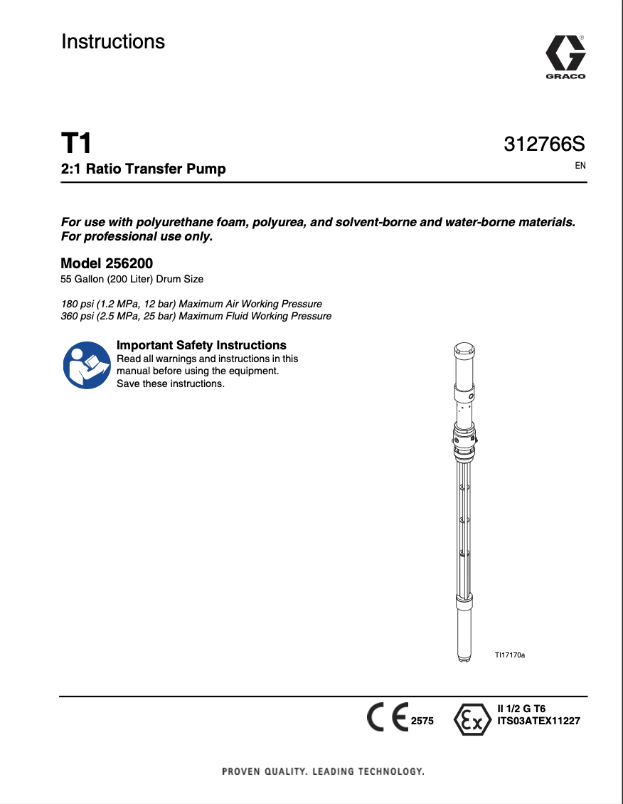 Graco T1, 2:1 Ratio Transfer Pump Manual, 312766 Rev S