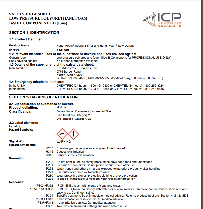 Handi-Foam Low Pressure B Side Safety Data Sheet (SDS)