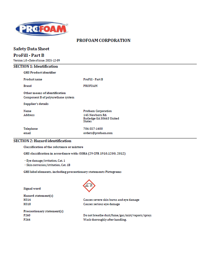 Profoam ProFill B Side Safety Data Sheet (SDS)