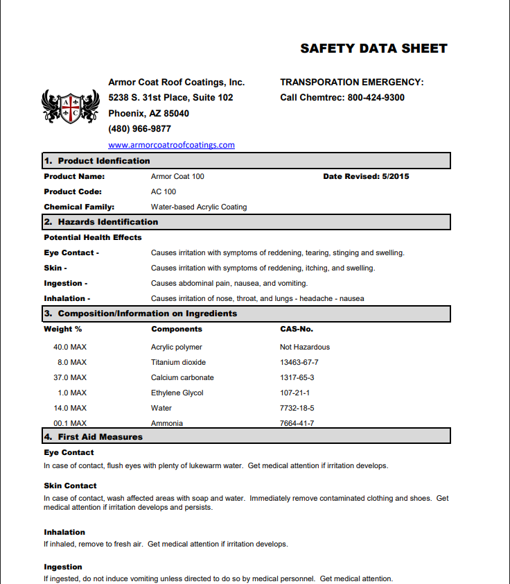 Armor Coat 100 Safety Data Sheet (SDS)
