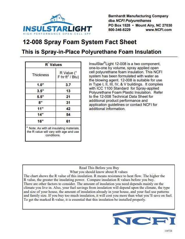 NCFI InsulStarLight 12-008 Fact Sheet