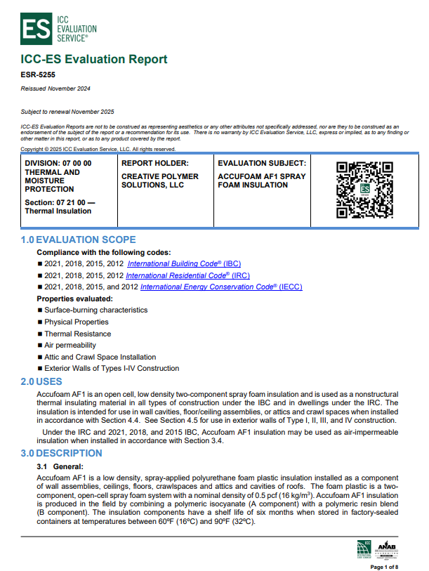 Accufoam AF1 Evaluation Report ESR-5255