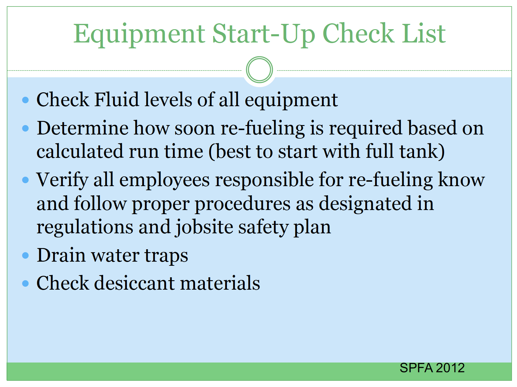 SPFA Start up and Shut down check list