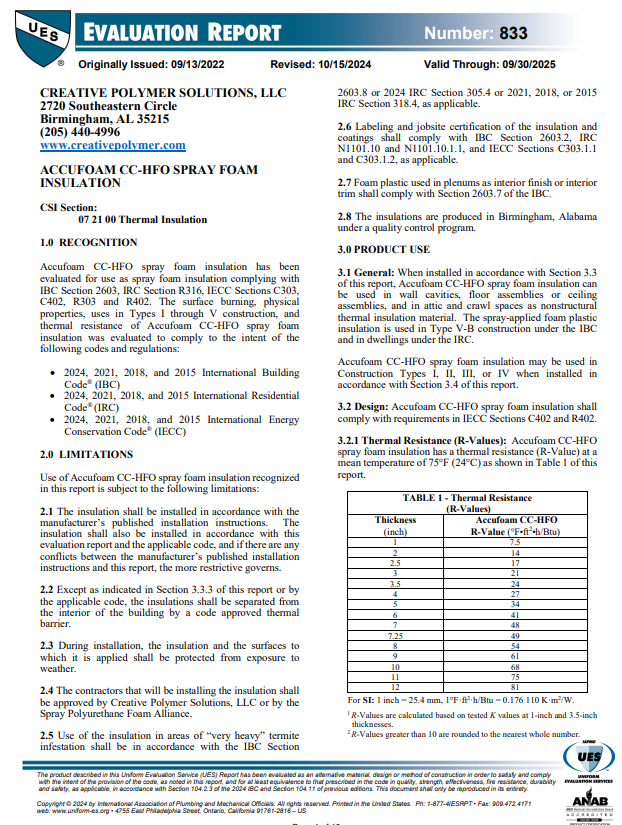 Accufoam Closed Cell HFO Spray Foam Evaluation Report-833