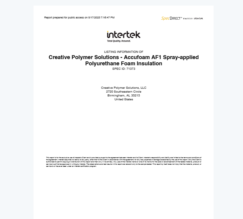 Accufoam AF1 Intertek Report