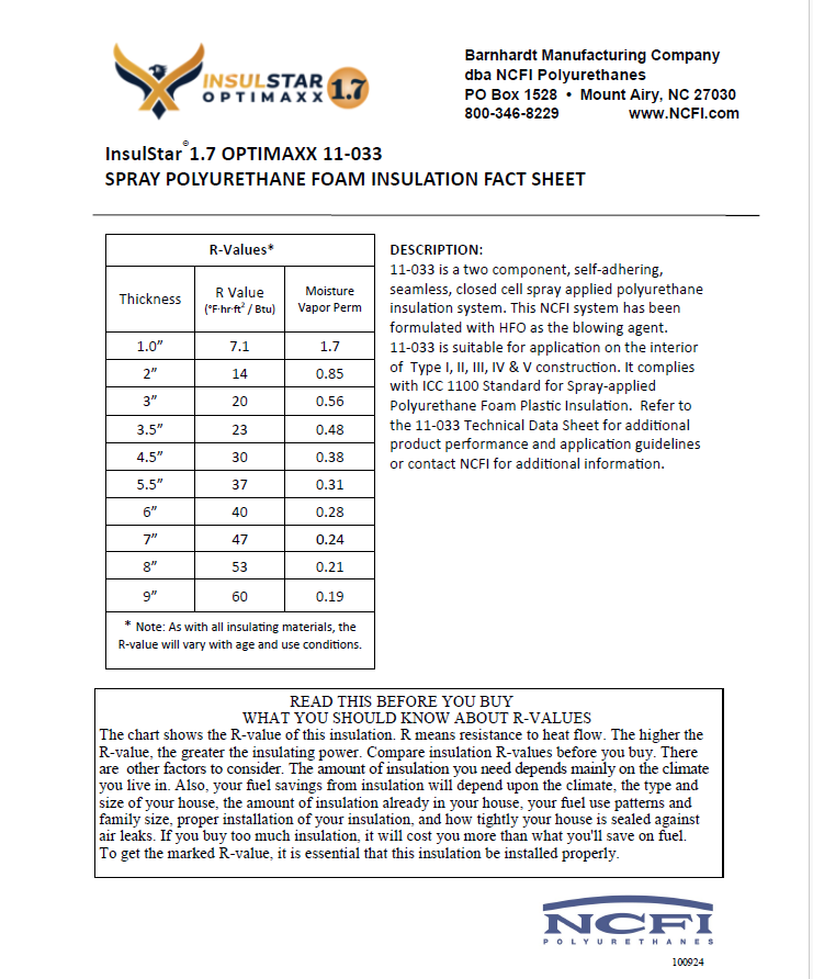 InsulStar Optimaxx 11-033 Spray Foam Insulation Fact Sheet