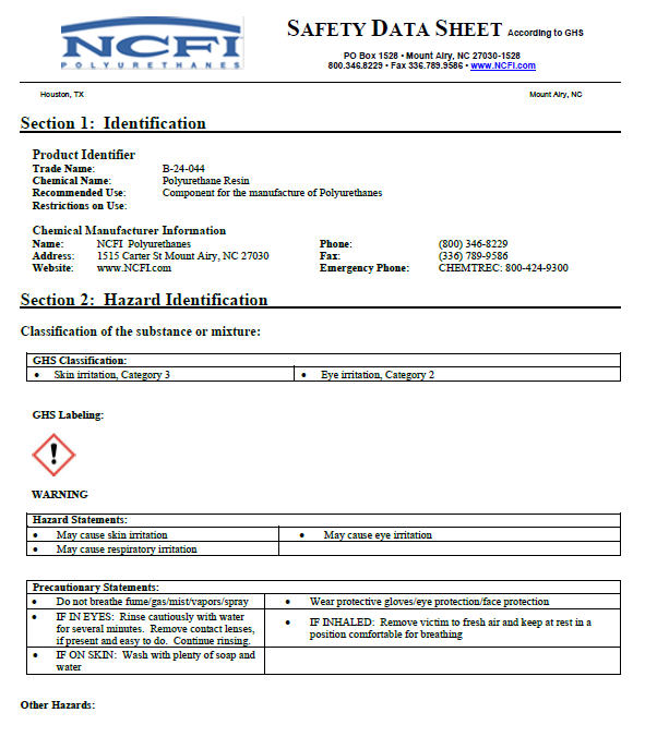 NCFI B-24-044 Safety Data Sheet (SDS)