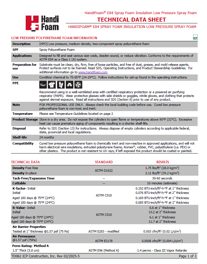 Handi-Foam E84 Spray Foam Insulation Technical Data Sheet (TDS)