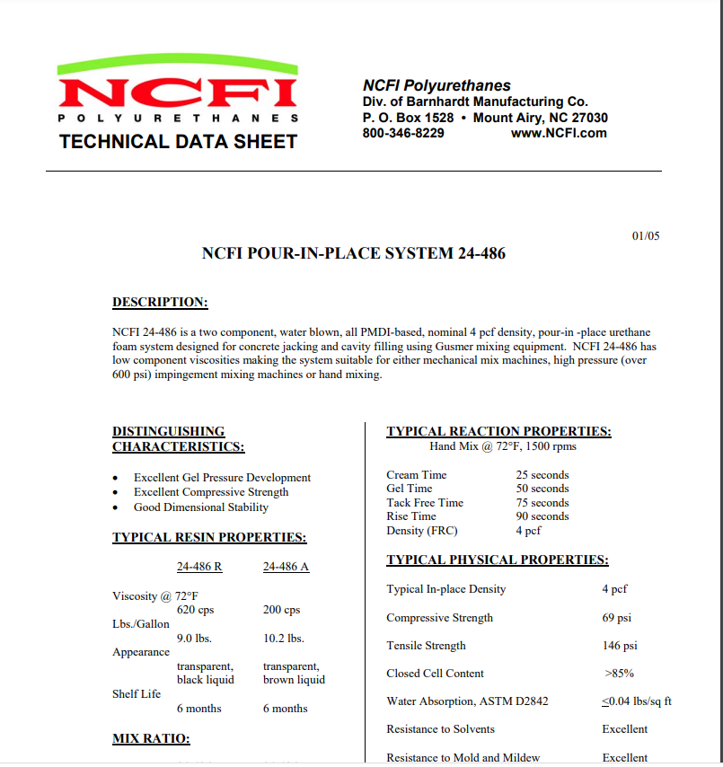 NCFI Pour In Place System 24-486 Technical Data Sheet (TDS)