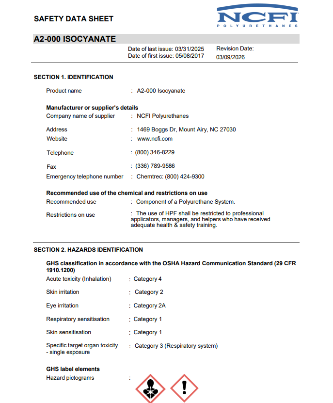 NCFI A-11-037 Safety Data Sheet (SDS)