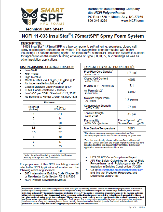 NC-11-033-InsulStar-1.7 Technical Data Sheet (TDS)
