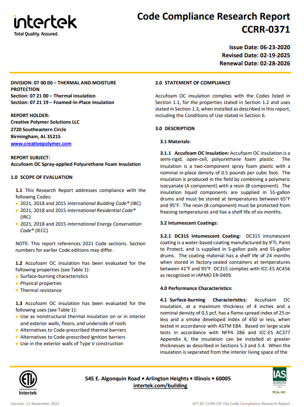 Accufoam Open Cell Code Compliance Research Report-CCRR-0371
