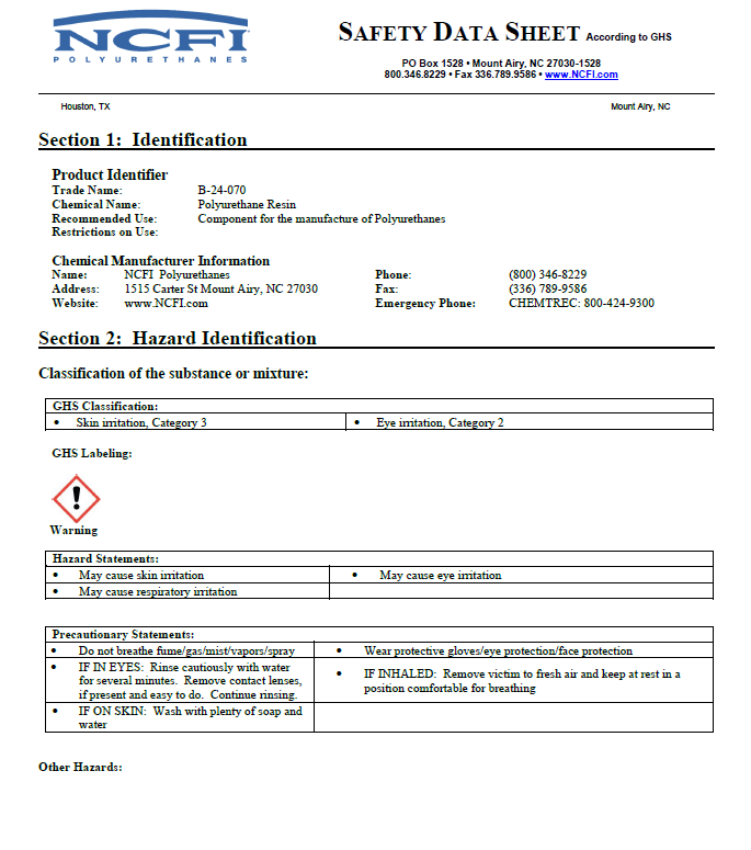 NCFI B-24-070 Safety Data Sheet (SDS)