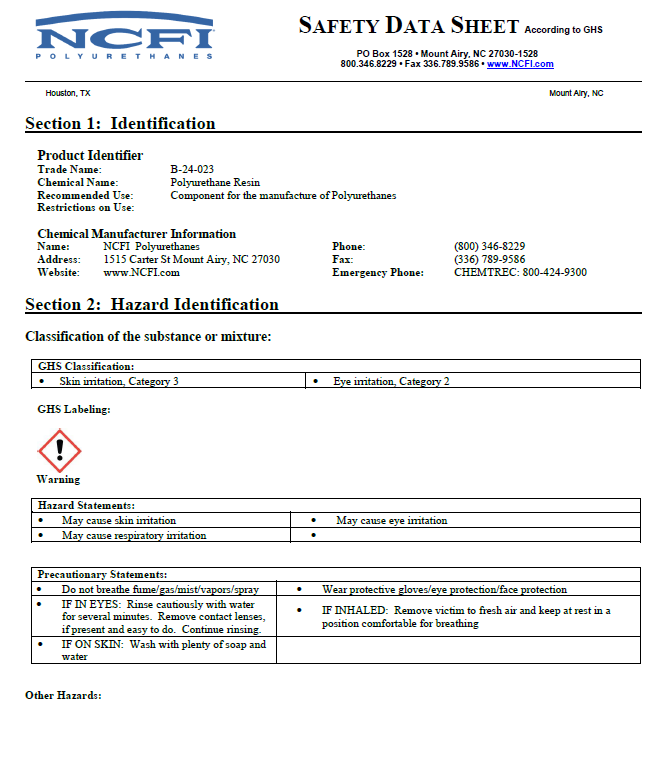 NCFI B-24-023 Safety Data Sheet (SDS)
