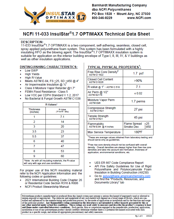 NCFI 11-033-InsulStar Optimaxx 1.7 Technical Data Sheet (TDS)