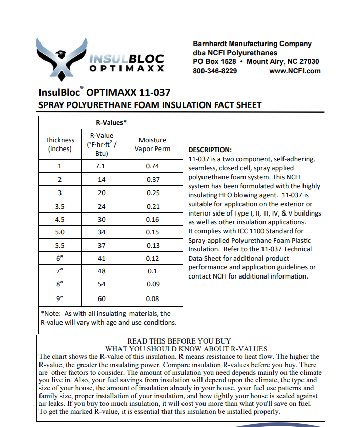 Insulbloc Optimaxx 11-037 Spray Foam Insulation Fact Sheet
