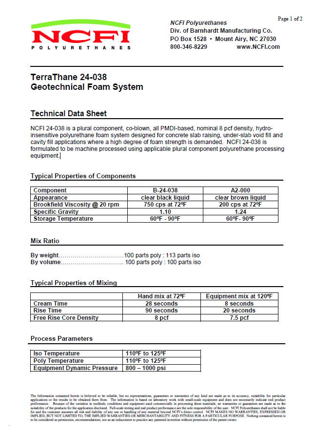 NCFI Terrathane 24-038 Technical Data Sheet (TDS)