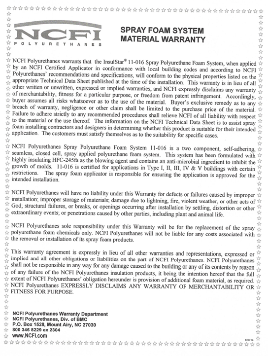 InsulStar 11-016 CLOSED CELL WARRANTY INFO