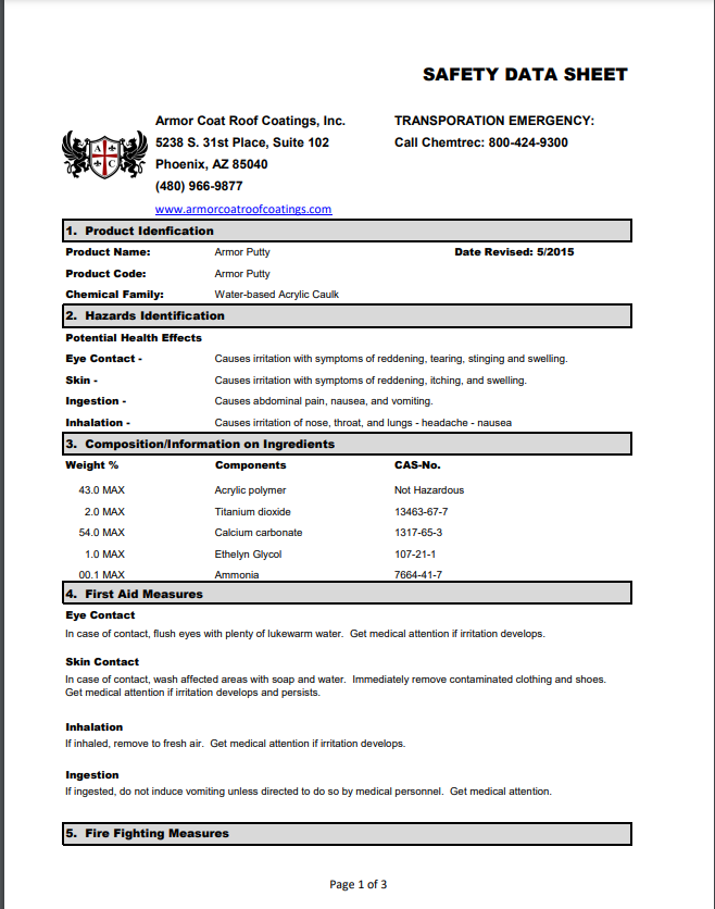 Armor Coat Armor Putty Safety Data Sheet (SDS)