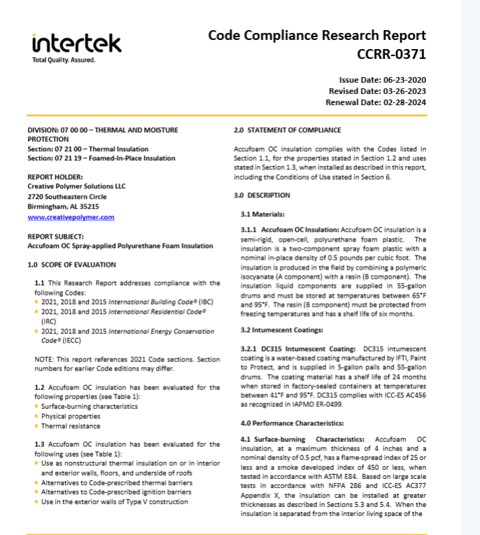 Accufoam Open Cell Code Compliance Research Report-CCRR-0371