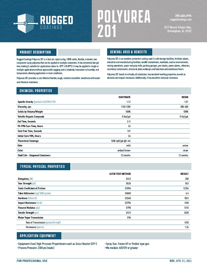 Rugged Coatings Polyurea 201 Technical Data Sheet (TDS)