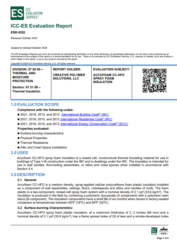 Accufoam CC HFO Evaluation Report-ESR 5252