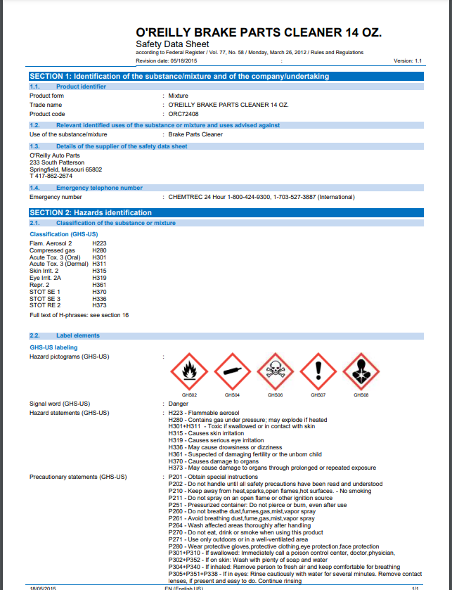 Brake Cleaner Safety Data Sheet (SDS)