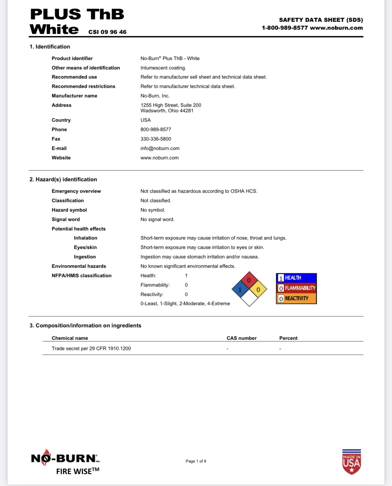 No-Burn Intumescent  Coating Plus ThB White Safety Data Sheet ( SDS)