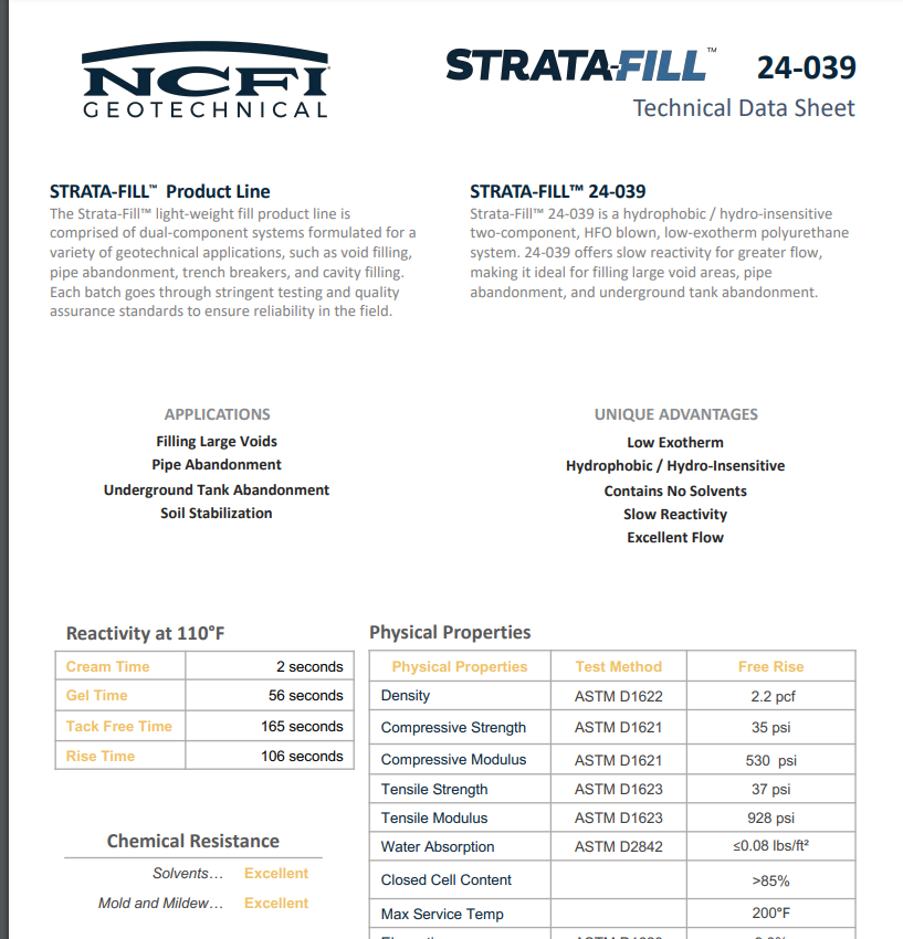 NCFI StrataFill 24-039 Technical Data Sheet (TDS)