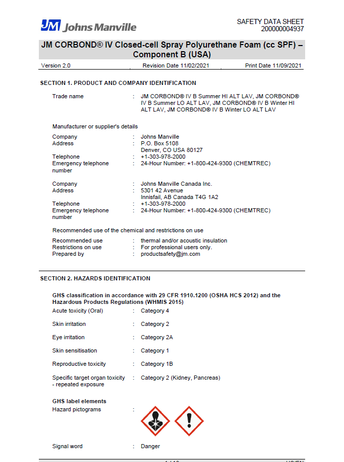 JM Corbond IV Closed Cell Spray Polyurethane Foam Safety Data Sheet (SDS)