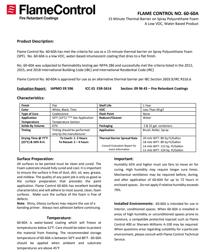 Flame Control 60-60A Thermal Barrier Technical Data Sheet (TDS)