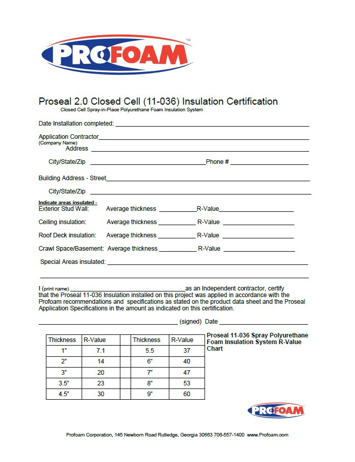 ProSeal 11-036 Closed Cell Insulation Certificate