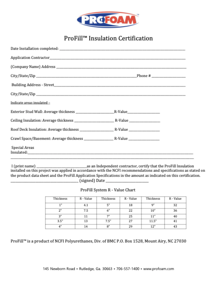 Profill Profoam Insulation Certification