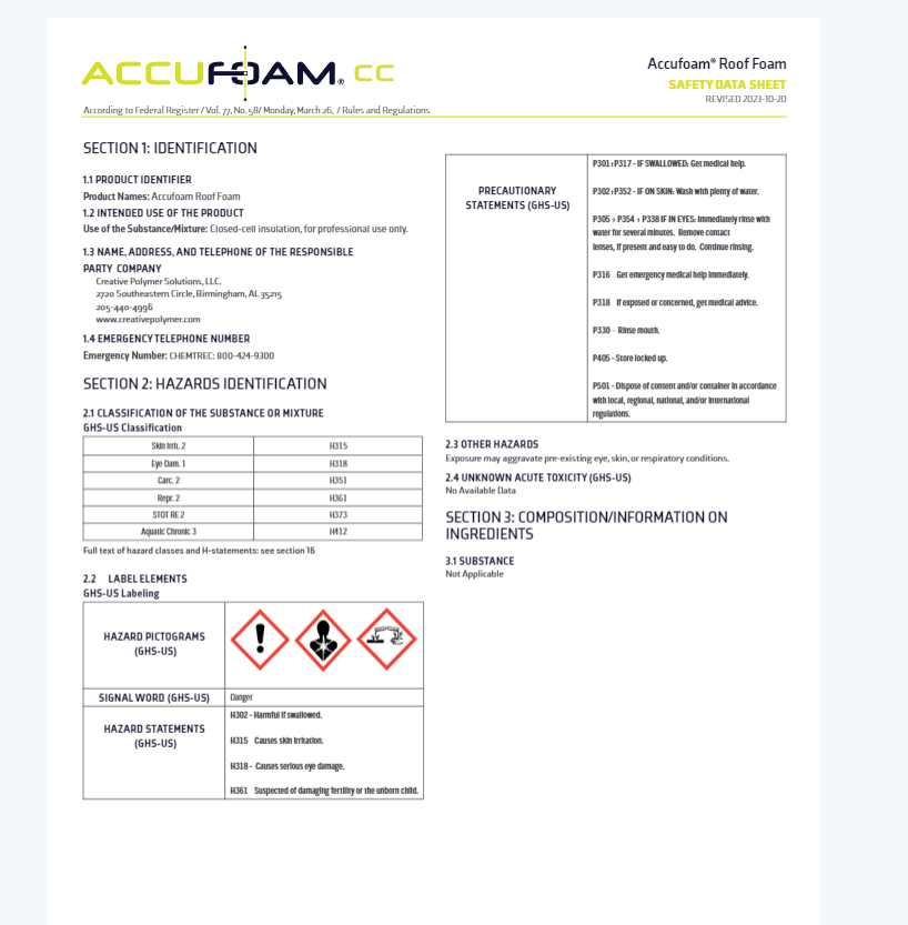 Accufoam 2.8 Roofing Foam Safety Data Sheet (SDS)