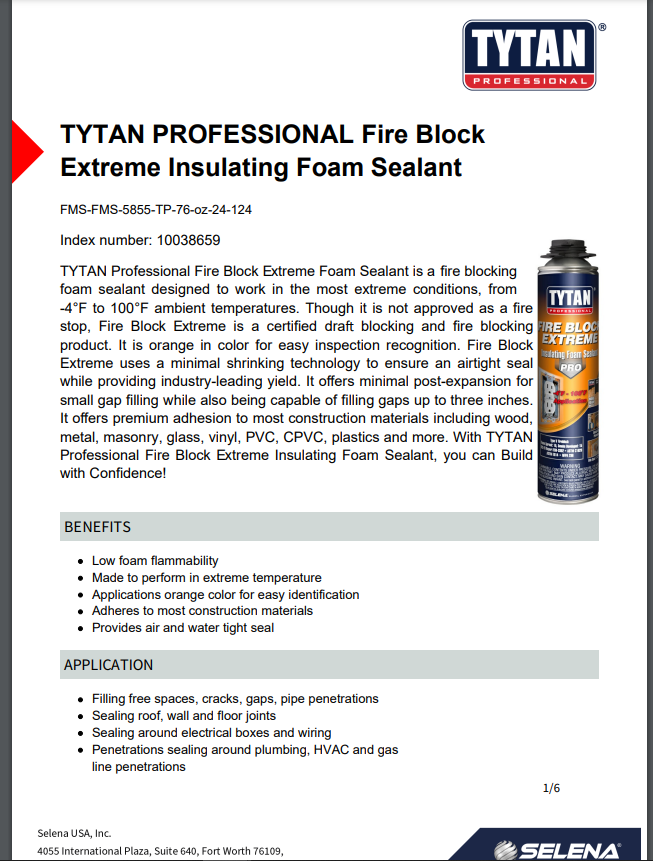 Tytan Professional Fire Block Extreme Technical Data Sheet (TDS)