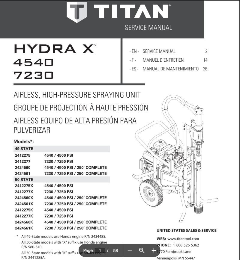 Titan Hydra X Service Manual