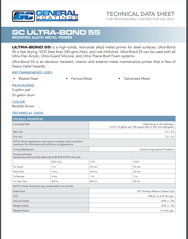 General Coatings Ultra Bond 55 Technical Data Sheet (TDS)