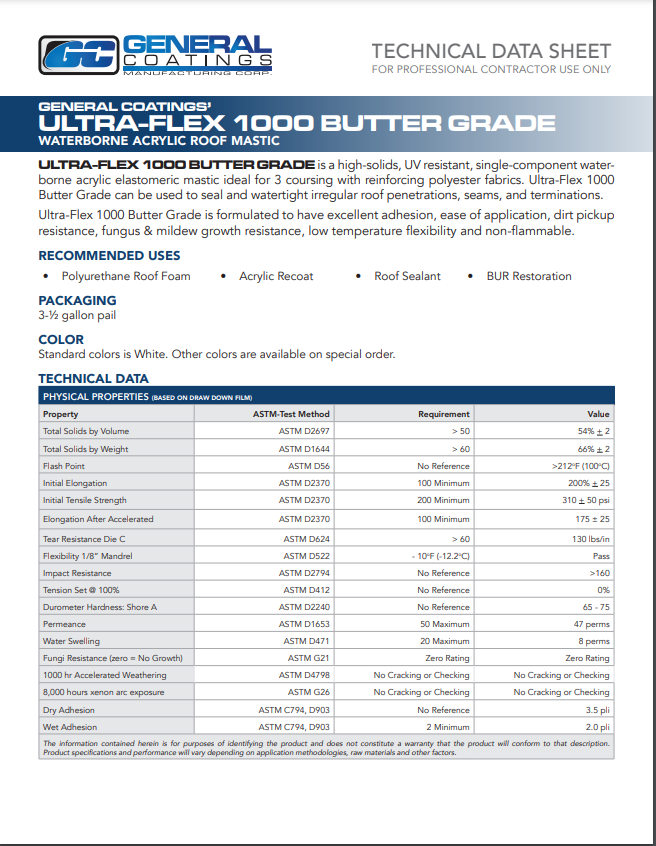 General Coatings Ultra Flex 1000 Butter Grade Technical Data Sheet (TDS)