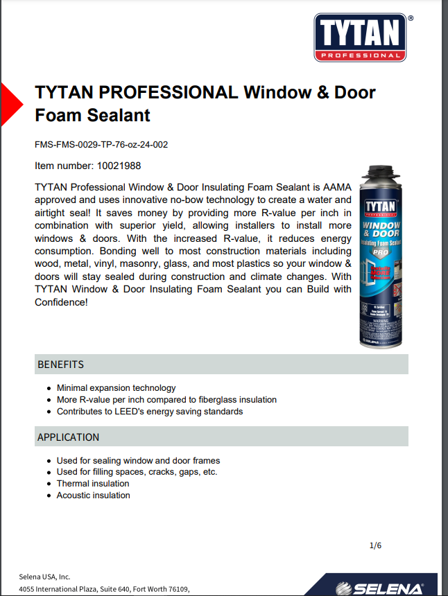 Tytan Window & Door Foam Technical Data Sheet (TDS)