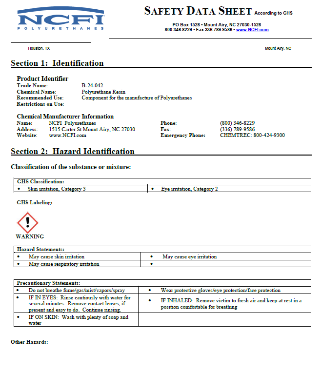 NCFI B-24-042 Safety Data Sheet (SDS)