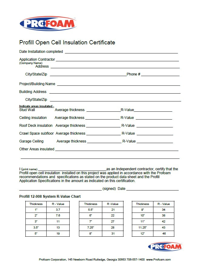 ProFill 12-008 Open Cell Insulation Certificate
