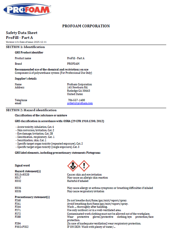 Profoam ProFill A Side Safety Data Sheet (SDS)