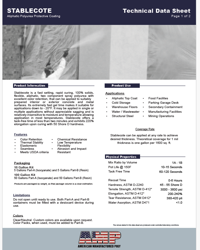 AMP StableCote Aliphatic Polyurea Technical Data Sheet (TDS)