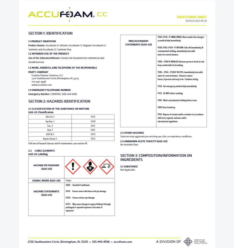 Accufoam Closed Cell Foam Safety Data Sheet (SDS)