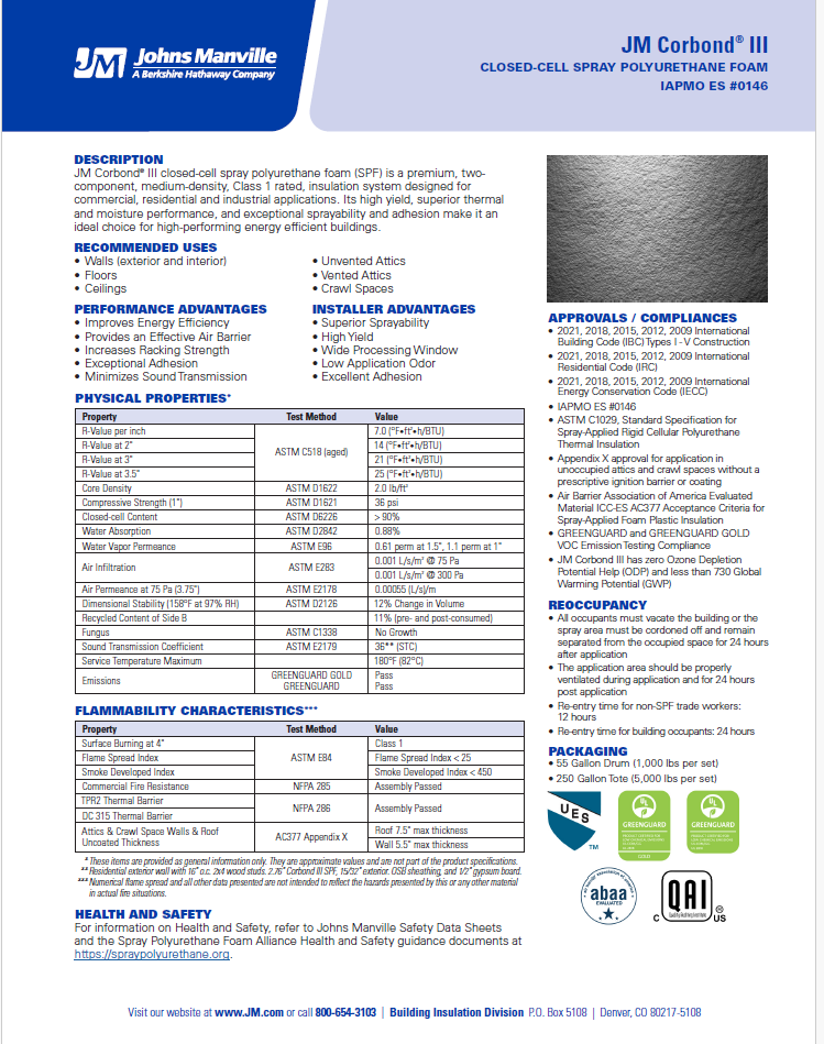 JM Corbond III Closed Cell HFC Spray Polyurethane Foam Technical Data Sheet (TDS)