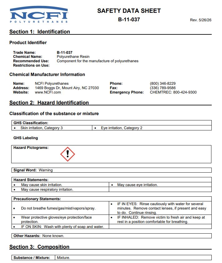 NCFI B-11-037 Safety Data Sheet (SDS)