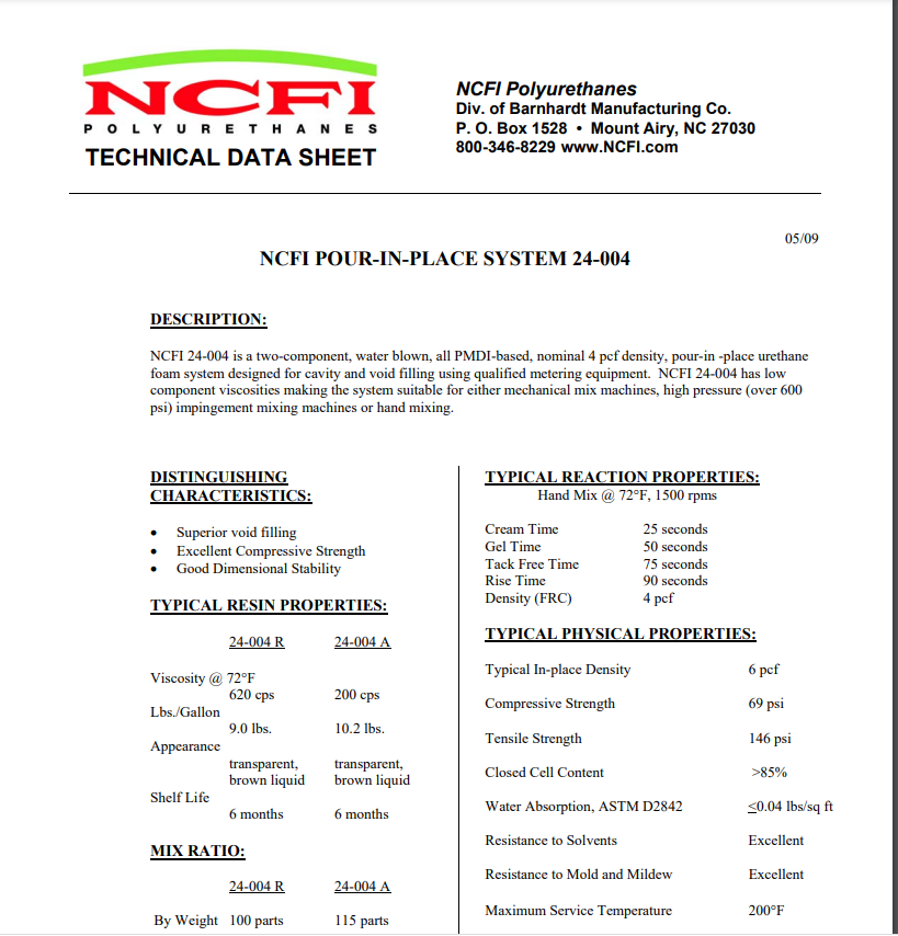 NCFI Pour In Place System 24-004 Technical Data Sheet (TDS)