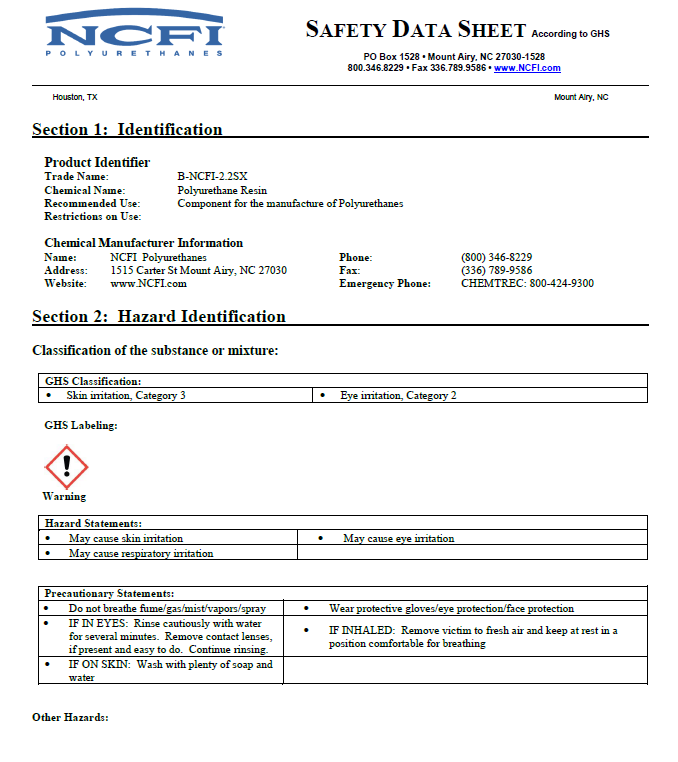 NCFI B-2.2SX Safety Data Sheet (SDS)
